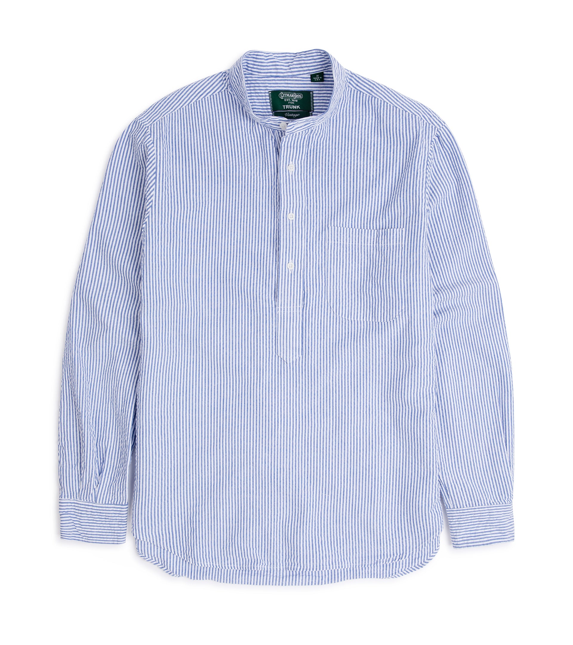 Gitman Vintage Cotton Seersucker Band Collar Popover Shirt: Blue/White