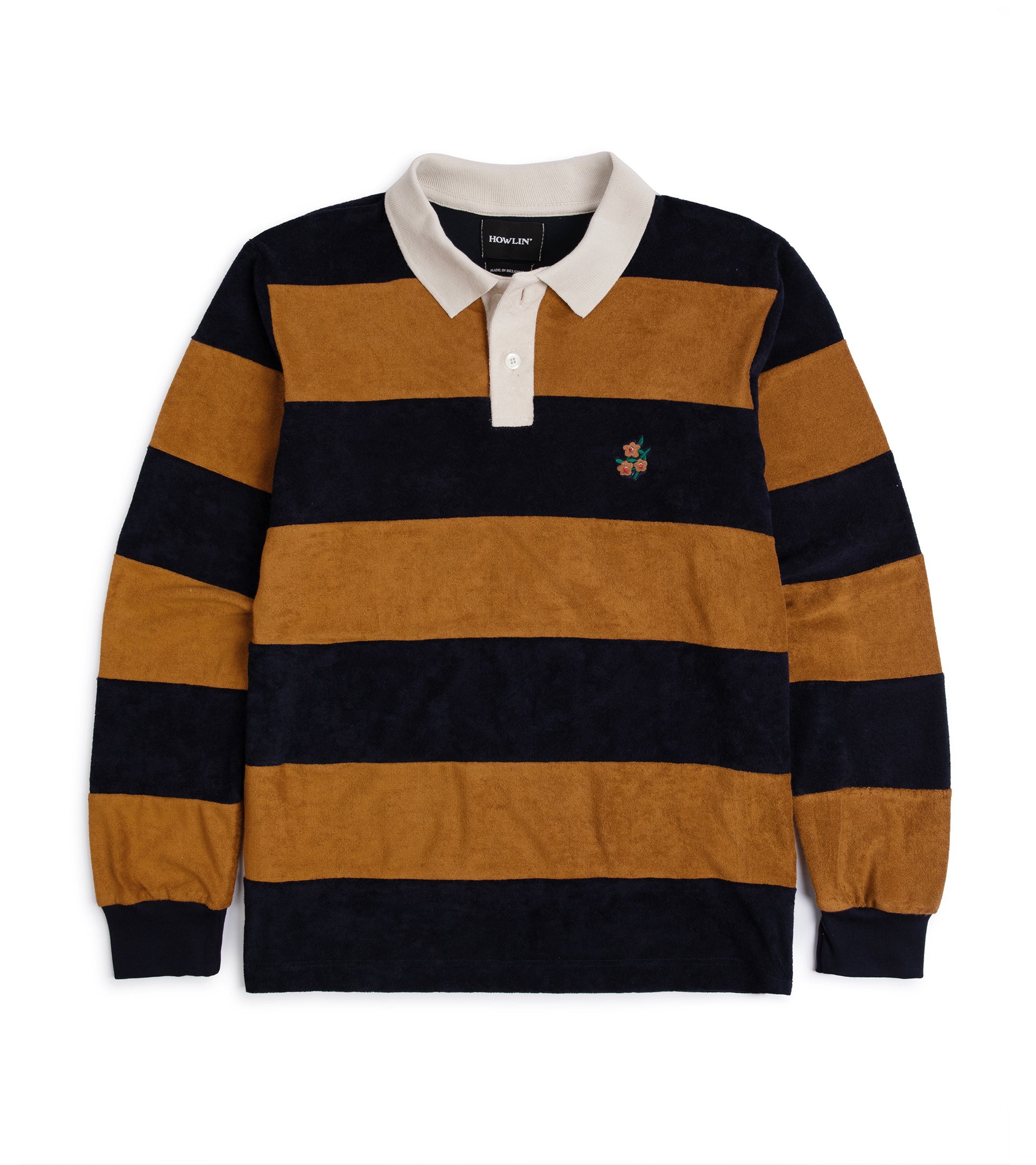 Howlin’ A Barrel Of Fun Striped Terry Towel Long Sleeve Polo Shirt: Almond