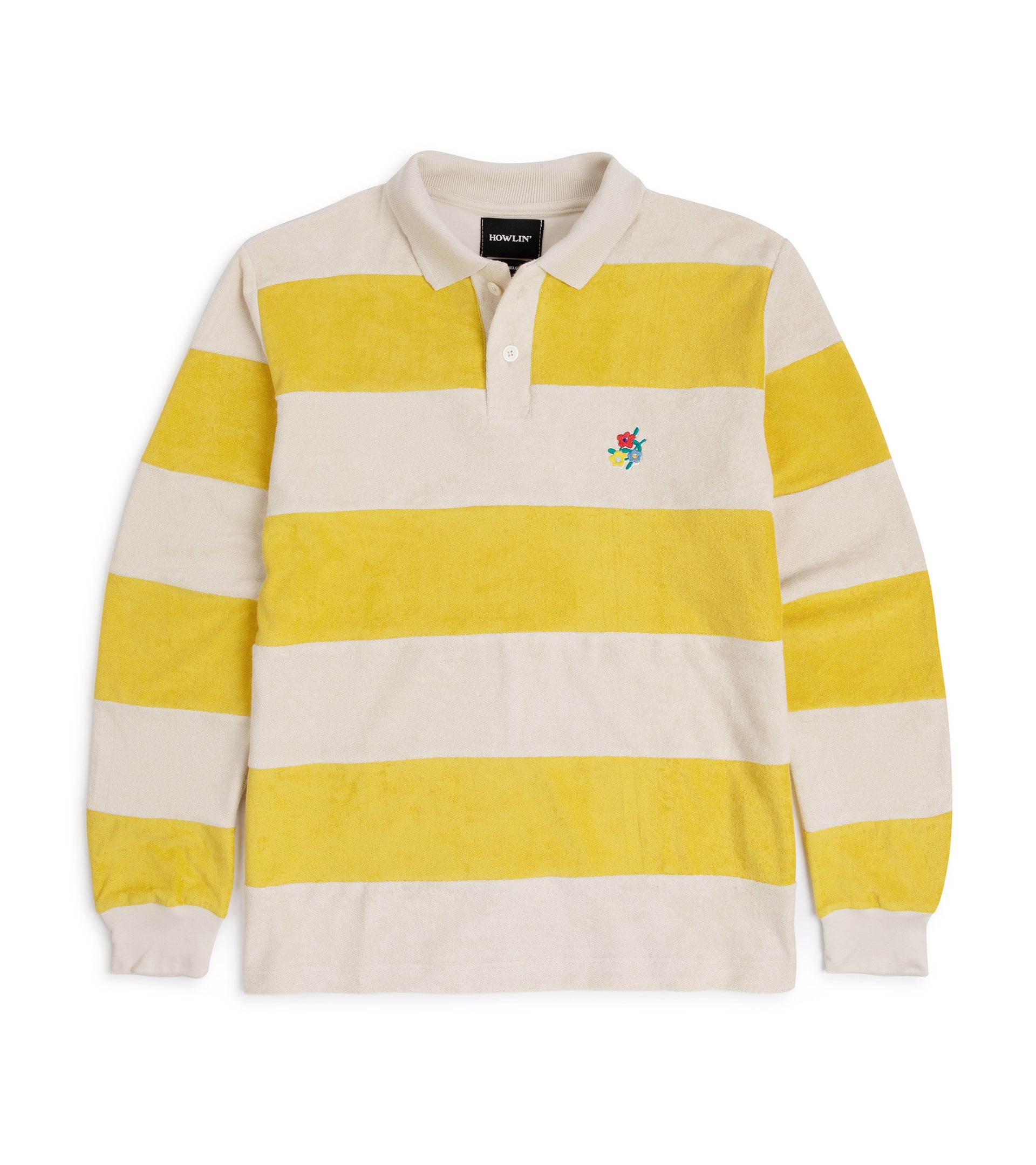 Howlin’ A Barrel Of Fun Striped Terry Towel Long Sleeve Polo Shirt: Daffodil